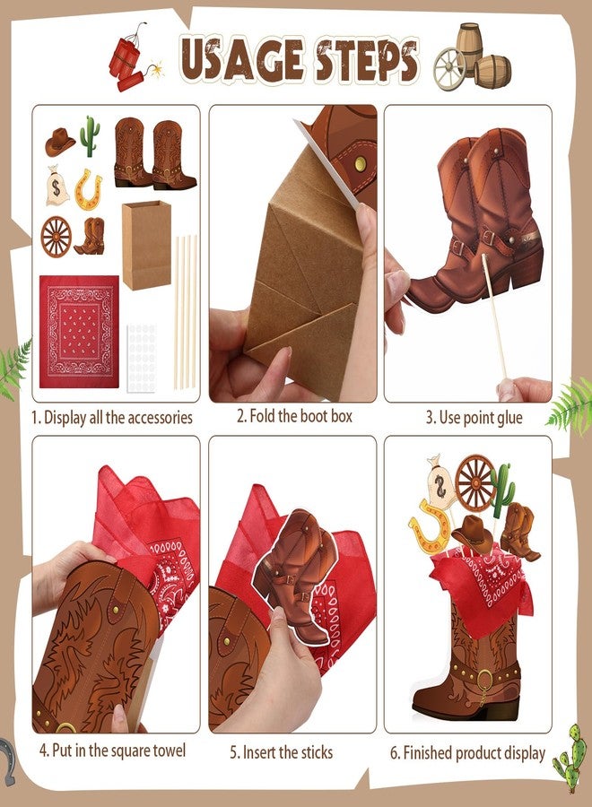 Weekgrat 8 Sets 129 Pcs Cowboy Western Party Centerpieces - Brown Paper & Wooden Stick Cutouts with Cowboy Boots Shaped Boxes for Western Party Decor - Image 3